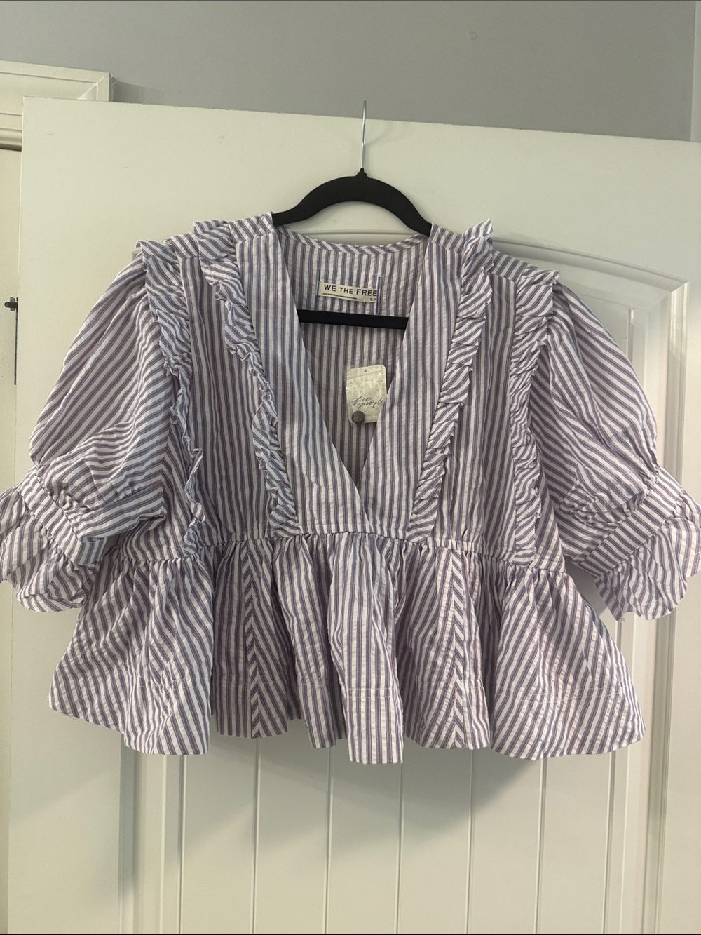 We The Free Lavender & White Striped Ruffle Peplum Blouse